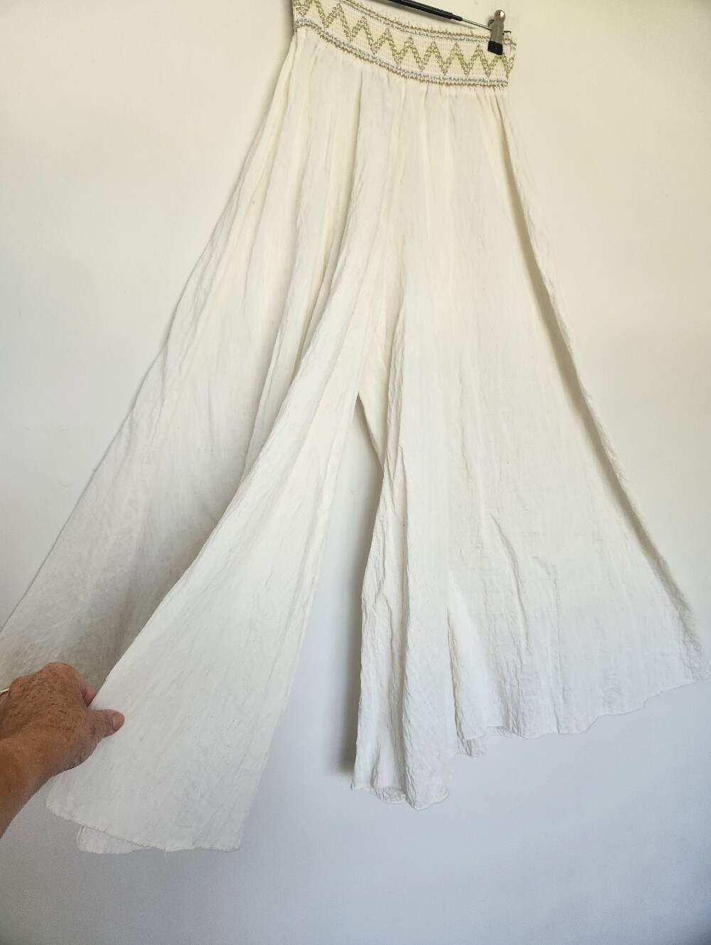 Ivory Boho Wide Leg Palazzo Pants Metallic Embroidered Smocked Waist - Picture 3 of 12